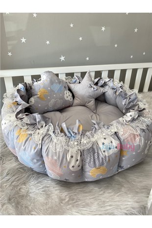 Jaju Baby Gri Karışık Bulut Desenli Tasarım Açılır - Kapanır Oyun Minderi Bebek Yuvası