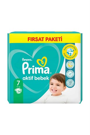 Prima Bebek Bezi Aktif Bebek 7 Beden Fırsat Paketi 15+ kg 34 Adet